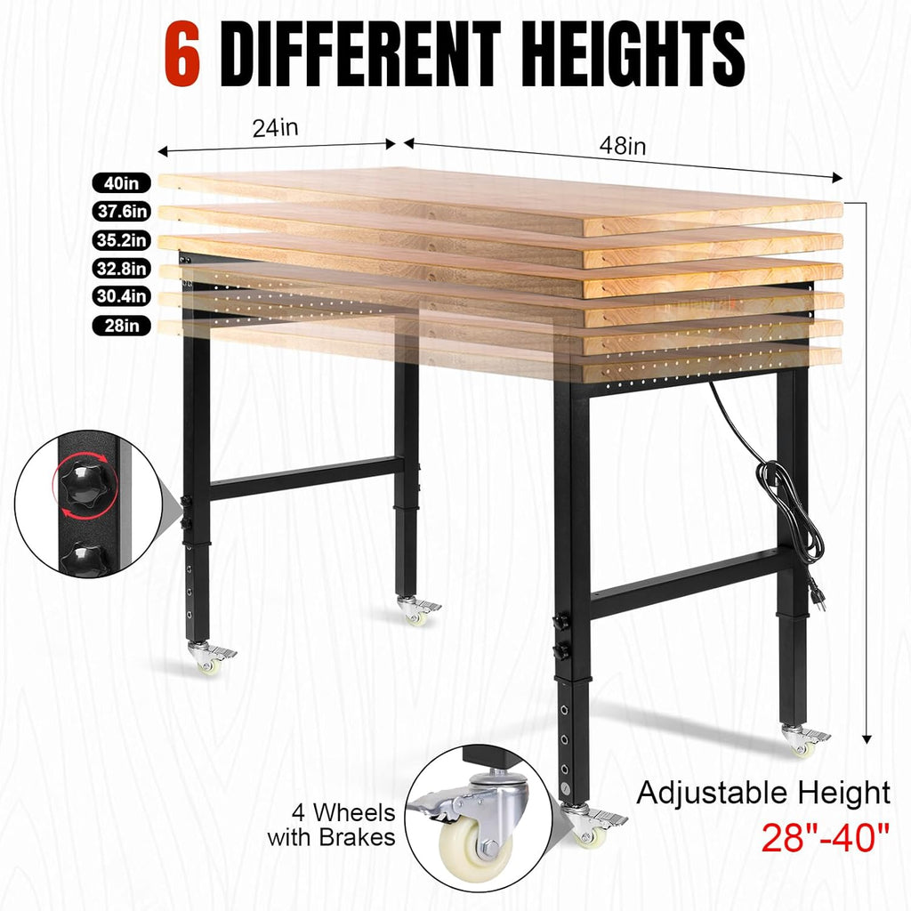 48' L×24'W Adjustable Workbench with Wheels, 28'-40'Height Heavy Duty Table 2000 LBS Load Capacity, Work Bench with Power Outlet & Pegboard, Rubber Wood Work Table for Garage, Office, Workshop