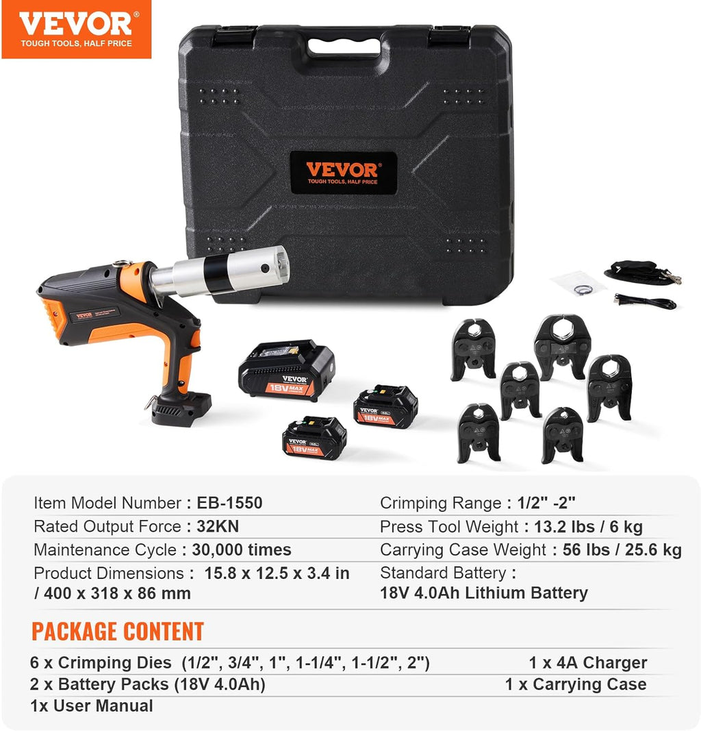 VEVOR 18V Press Tool, 32KN Electric Pipe Crimping Tool for 1/2' to 2' Copper Pipes, 360° Rotation Automatic Crimper with Brushless Motor & 6 Jaws - Compatible with ProPress