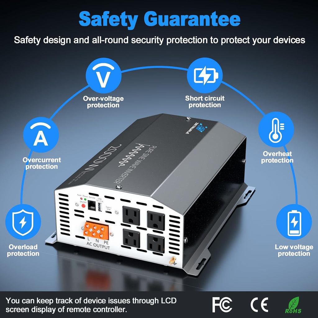 2000 Watts Pure Sine Wave Inverter 12V DC to 110V/120V AC Converter, 4000W Peak, LCD Remote Control, 4 AC Outlets, USB & Type-C – for RV, Truck, Off-Grid Solar, Emergency Power Backup