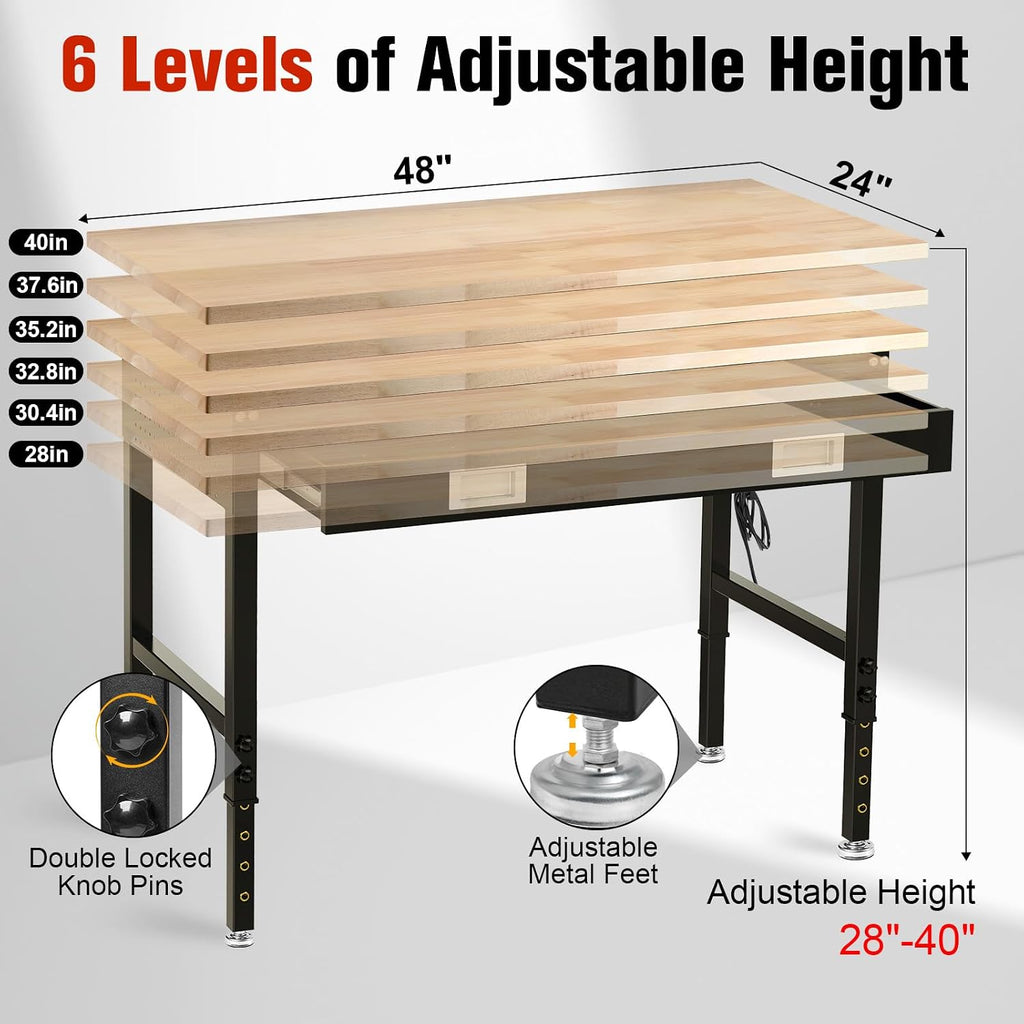 48' Workbench with Drawers, Work Benches for Garage with Strip Light, Adjustable Work Table with Large Pegboard, 2000 LBS Heavy Duty Table with Power Outlet Rubber Wood for Garage, Office