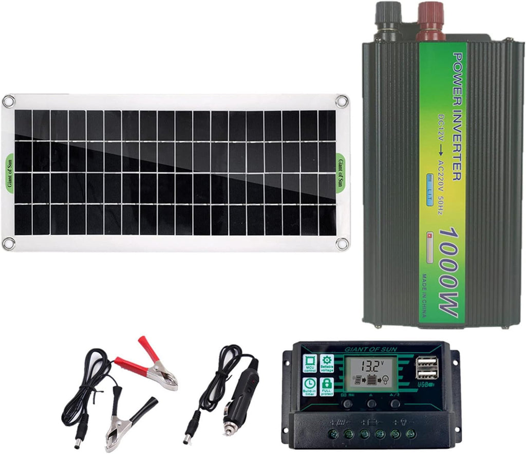 30W Monocrystalline Solar Panel Kit for Car, RV, Boat, Roof, Camping, with 100A Solar Charge Controller, 1000W Inverter, Alligator Clip Wire