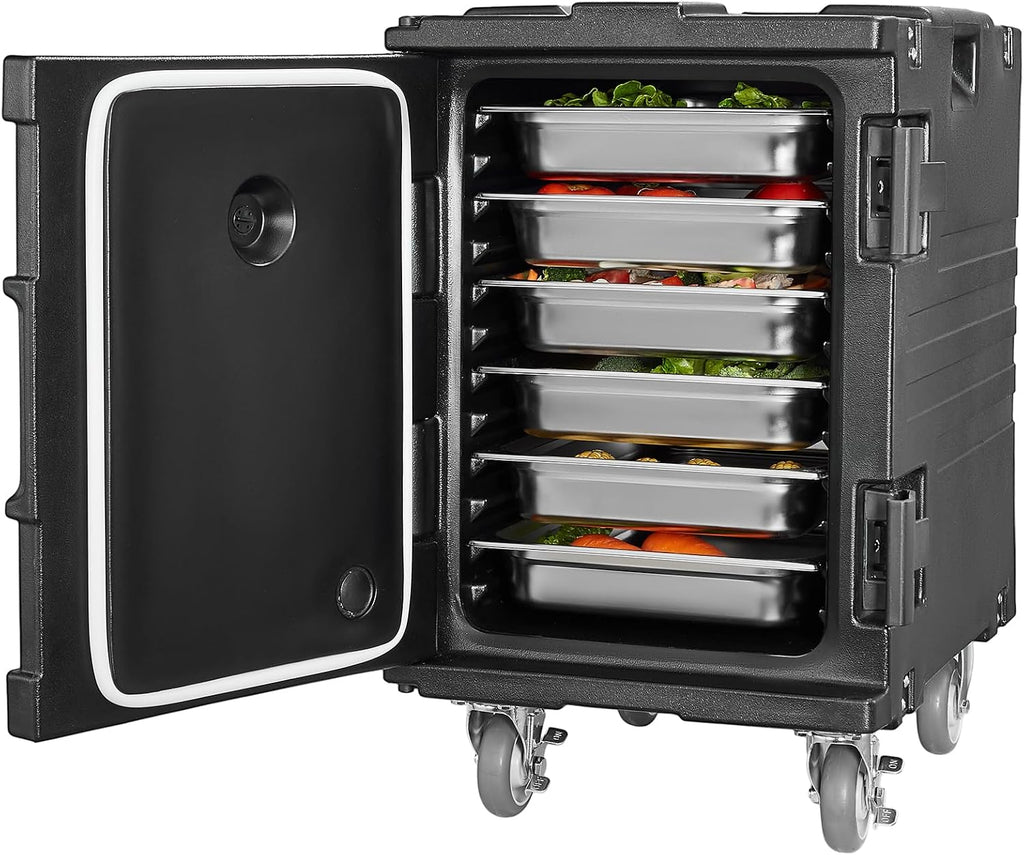 VEVOR Insulated Food Pan Carrier, 95 Qt Hot Box for Catering, LLDPE Food Box Carrier w/One-Piece Buckle, Front Loading Food Warmer w/Handles, End Loader w/Wheels for Restaurant, Canteen, etc. Black