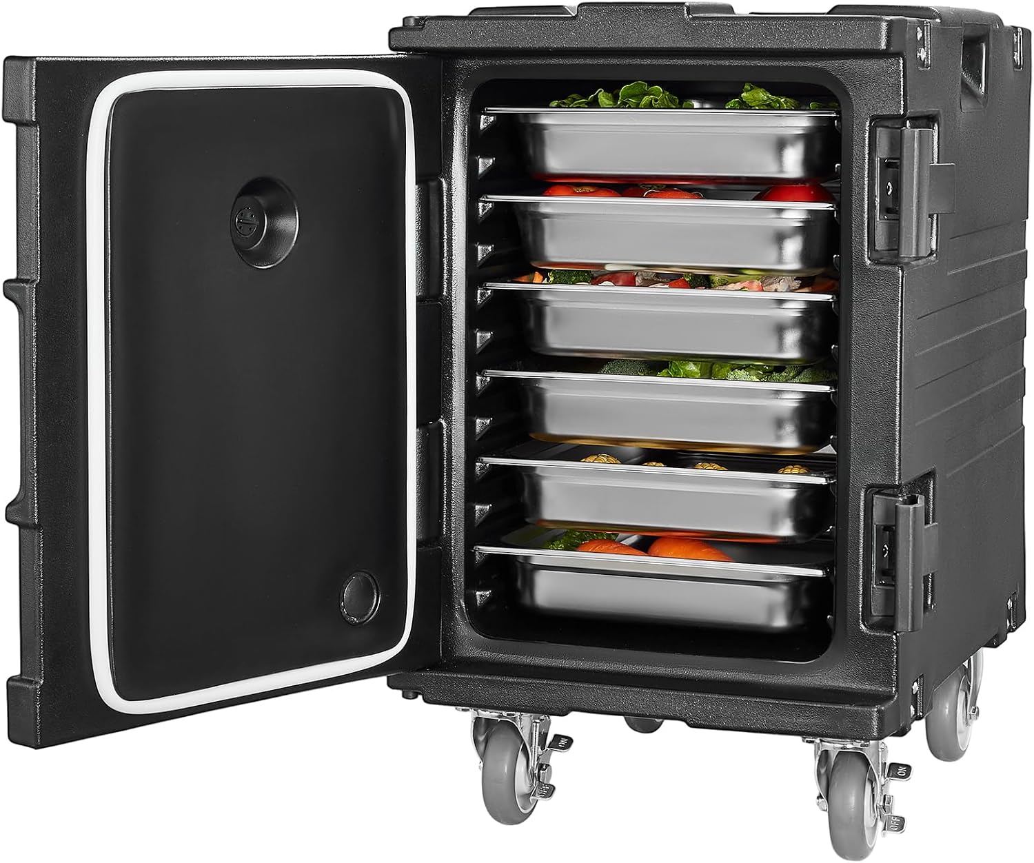 VEVOR Insulated Food Pan Carrier, 95 Qt Hot Box for Catering, LLDPE Food Box Carrier w/One-Piece Buckle, Front Loading Food Warmer w/Handles, End Loader w/Wheels for Restaurant, Canteen, etc. Black