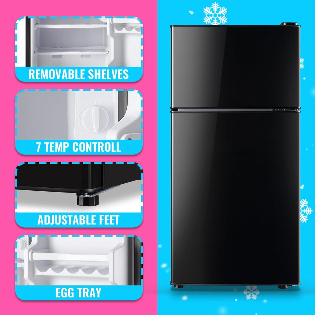 DEMULLER Retro Mini Fridge with Freezer Dual Door Apartment Size Small Refrigerator with Egg Tray, Dorm Compact Fridge with Removable Plastic Shelves, 2.4Cu.ft, 14.96' D x 14.57' W x 30.8' H, Black