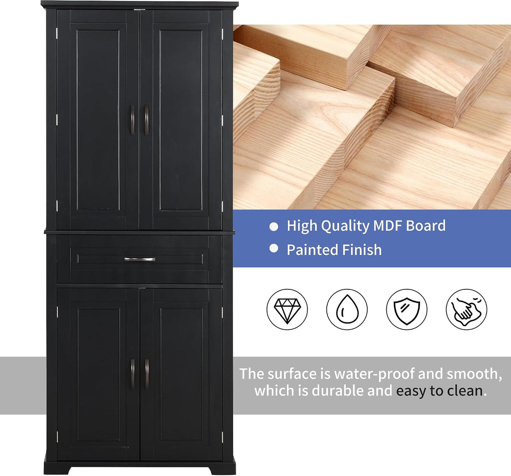 Storage Cabinet with 4 Doors and Drawers, 72.2' H Kitchen Cabinet with 6 Door Shelves, Kitchen Storage Cabinets with Adjustable Shelves for Living Room, Black