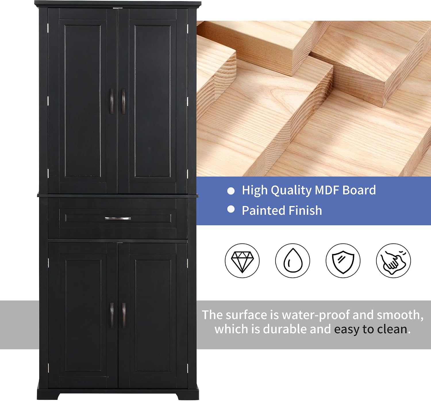 Storage Cabinet with 4 Doors and Drawers, 72.2' H Kitchen Cabinet with 6 Door Shelves, Kitchen Storage Cabinets with Adjustable Shelves for Living Room, Black