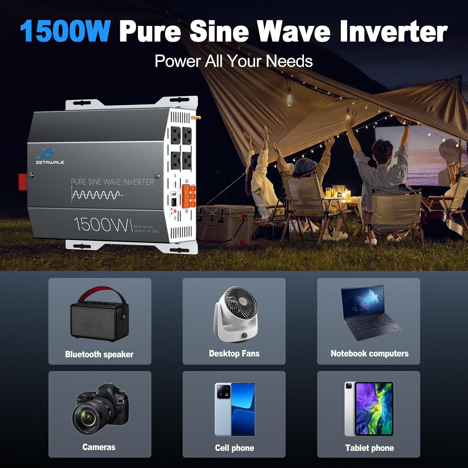 1500W Pure Sine Wave Inverter 12V DC to 110V/120V AC Converter, 3000W Peak, LCD Remote Control, 4 AC Outlets, USB & Type-C – for RV, Truck, Camping, Off-Grid Solar, Emergency Power