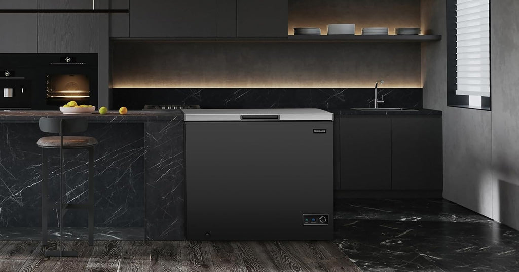 FRIGIDAIRE Chest Deep Freezer, 7 Cu. Ft, Black Adjustable Thermostat-Removable Vinyl Coated Wire Basket-Easy Defrost Drain, Eye-Catching Stainless Steel Top Door- Garage Ready