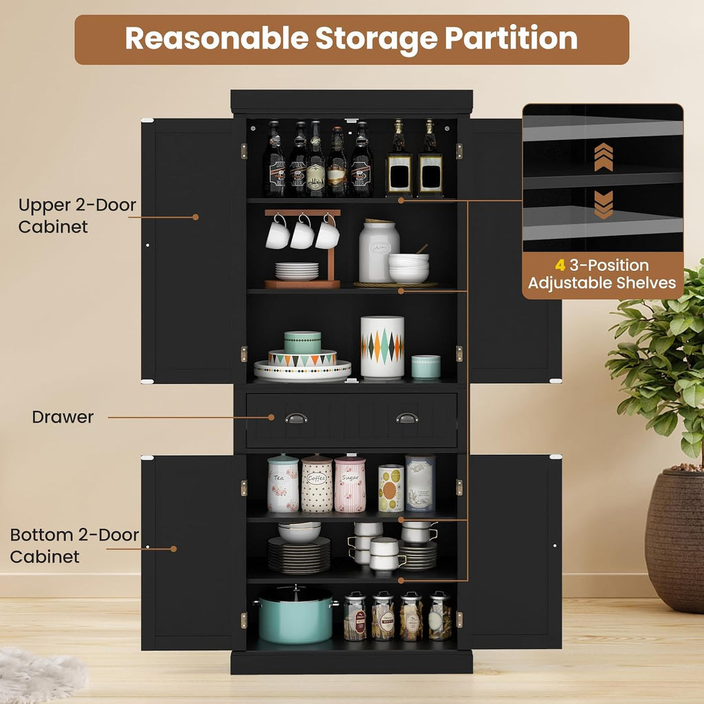 Giantex Pantry Organizers and Storage, 72' Tall Kitchen Cabinet with 2-Door Cabinets & Drawer, Buffet Sideboard w/Adjustable Shelves, Wooden Freestanding Cupboard for Dining Room Living Room (Black)