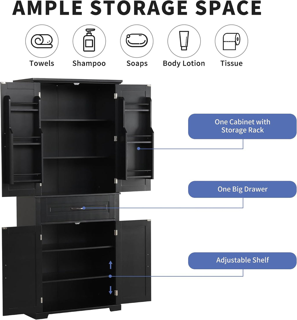 Storage Cabinet with 4 Doors and Drawers, 72.2' H Kitchen Cabinet with 6 Door Shelves, Kitchen Storage Cabinets with Adjustable Shelves for Living Room, Black