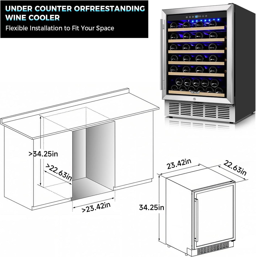ORYMUSE 24 Inch Wine Fridge, 54 Bottle Wine Cooler Refrigerator with Stainless Steel Glass Door, LED Display, Upgraded Compressor, Built-In or Freestanding for Home Bar Kitchen