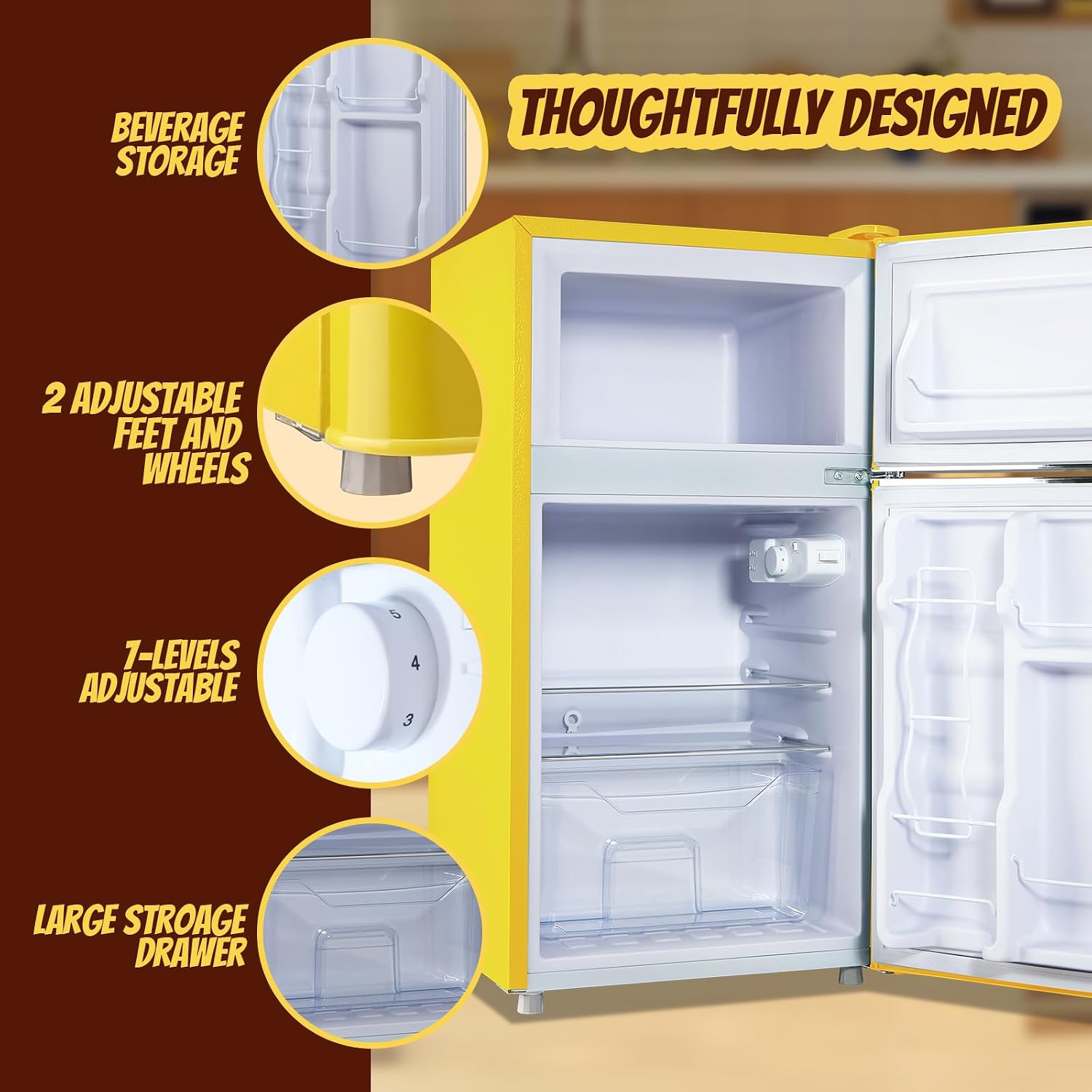 Fridge with Freezer Mini Refrigerator Apartment Size Retro Refrigerator Double door Removable Glass Shelves 7 Temp Gear Detachable Handle Yellow