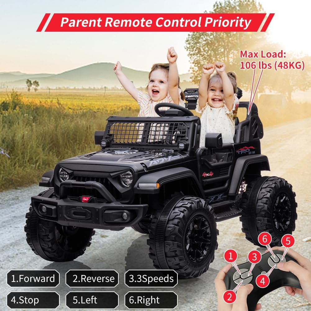 24V 2 Seaters Kids Ride On Truck with Remote Control, 20' Large Seat + 15.5' Wheels, Electric Vehicle Car with LED Light,Large Storage Space, Bottle Holder,Music, Horn,USB for Kids (Black)