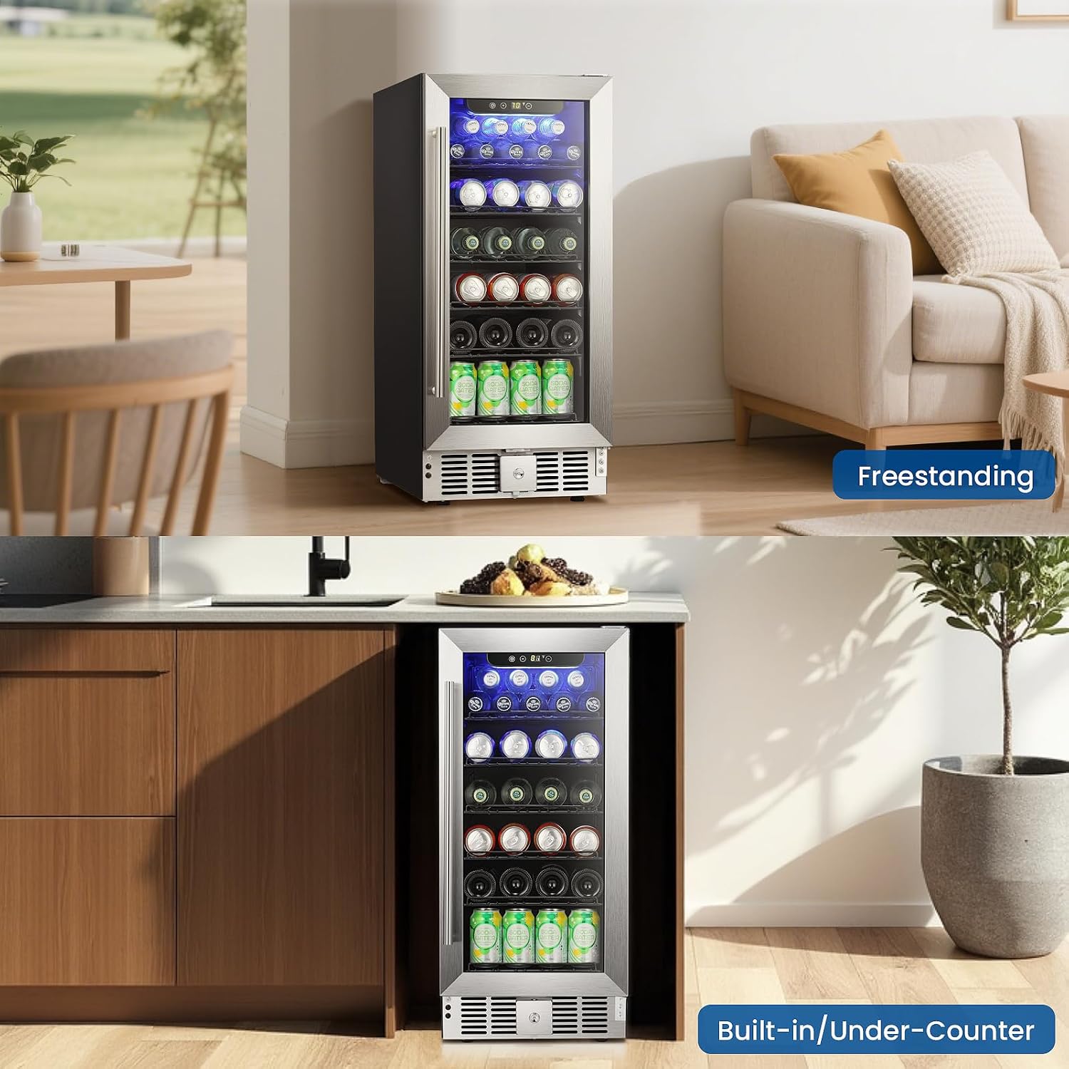 Antarctic Star 115 Can Beverage Refrigerator Cooler, 2.9 Cu.Ft Mini Fridge with Safety Lock, Beverage Cooler with Glass Door/LED Light/Adjustable Removable Shelves for Home/Office/Bar(Stainless Steel)
