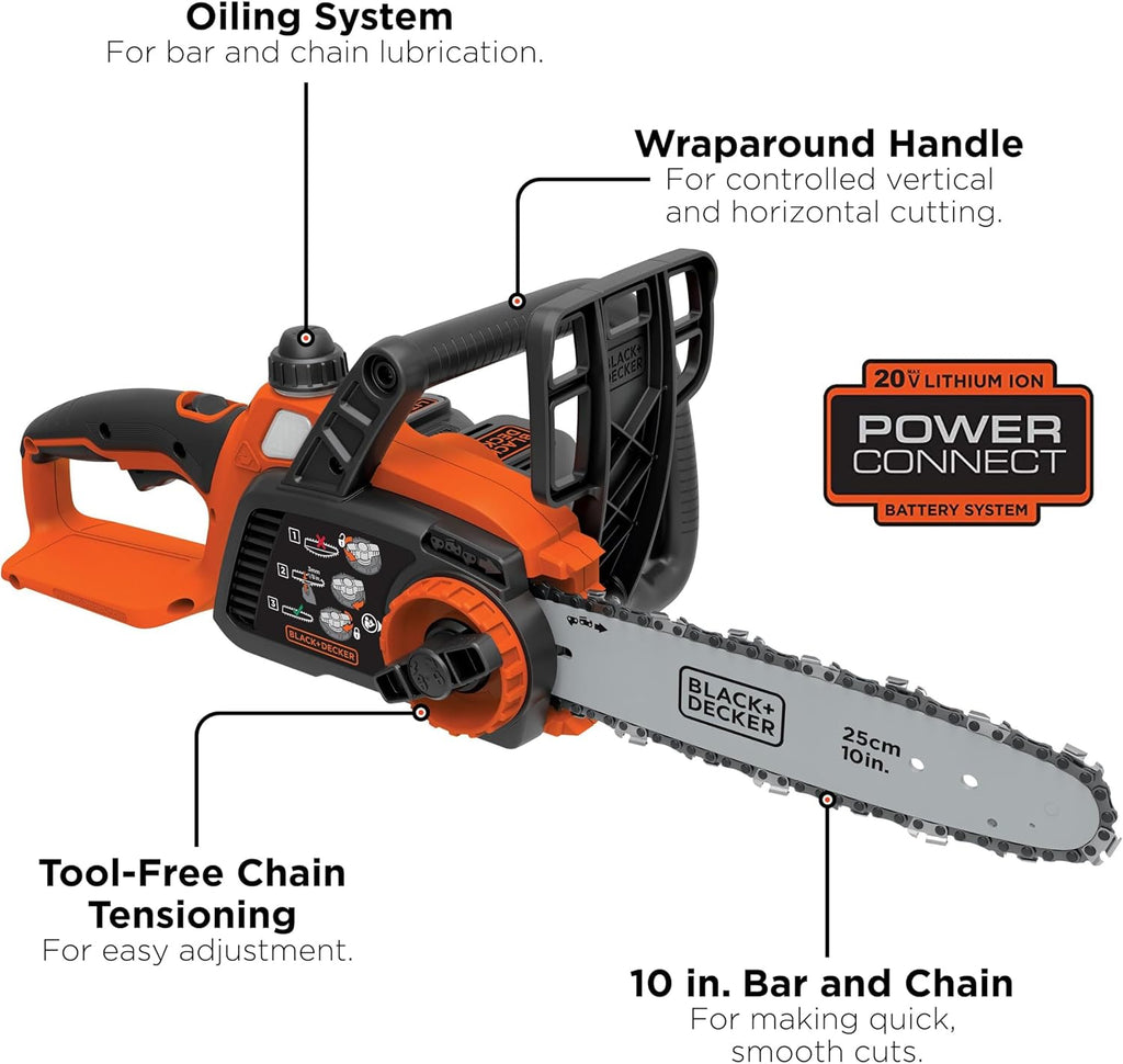 BLACK+DECKER 20V MAX Electric Chainsaw, 10 inch Cordless Chainsaw with Battery and Charger Included, Automatic Oiler, Low Kickback Power Chain Saws (LCS1020)