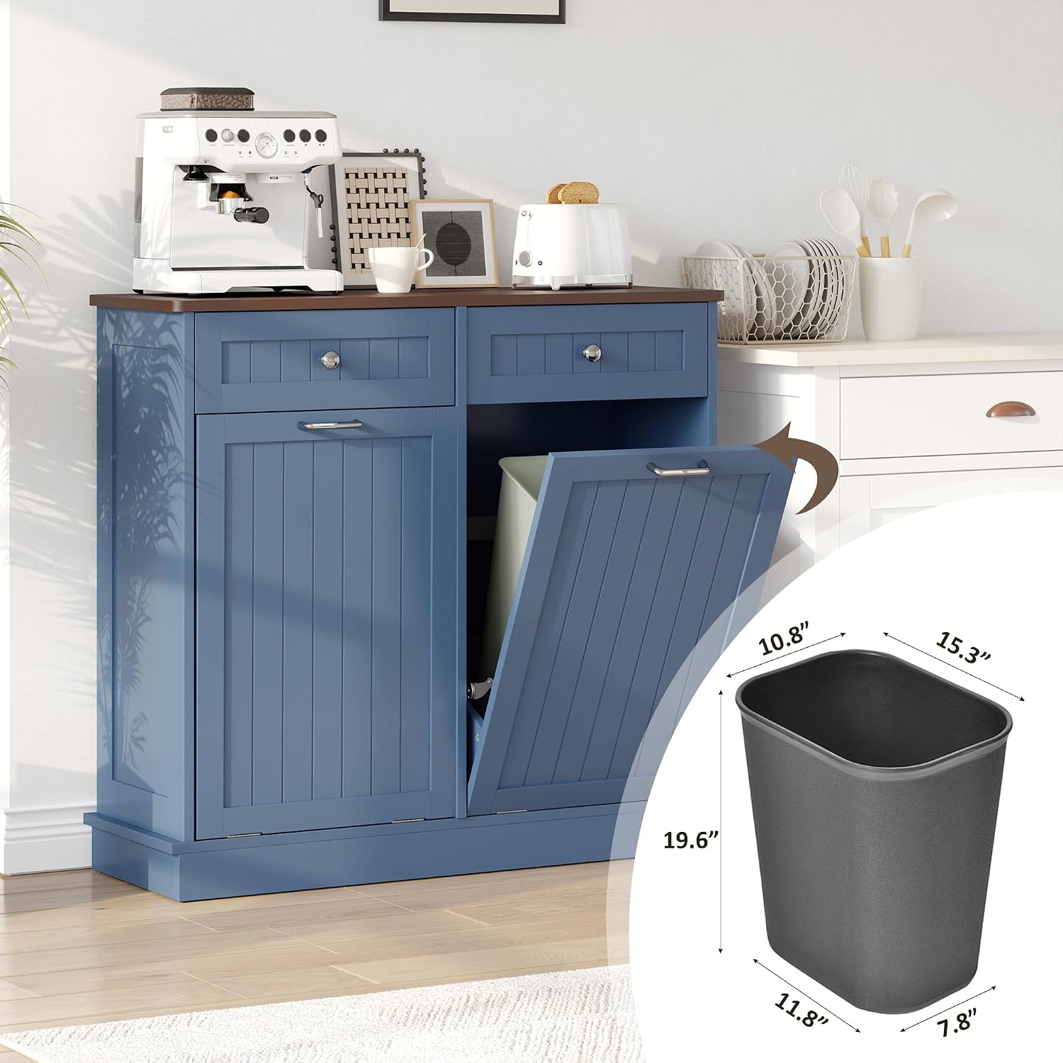 KIGOTY Double Tilt Out Trash Can Cabinet, 20 Gallon Hidden Trash Storage Cabinet with 2 Hideaway Drawers, Freestanding Trash Can for Kitchen, Wooden Laundry Hamper Cabinet, Pet Proof (Blue)