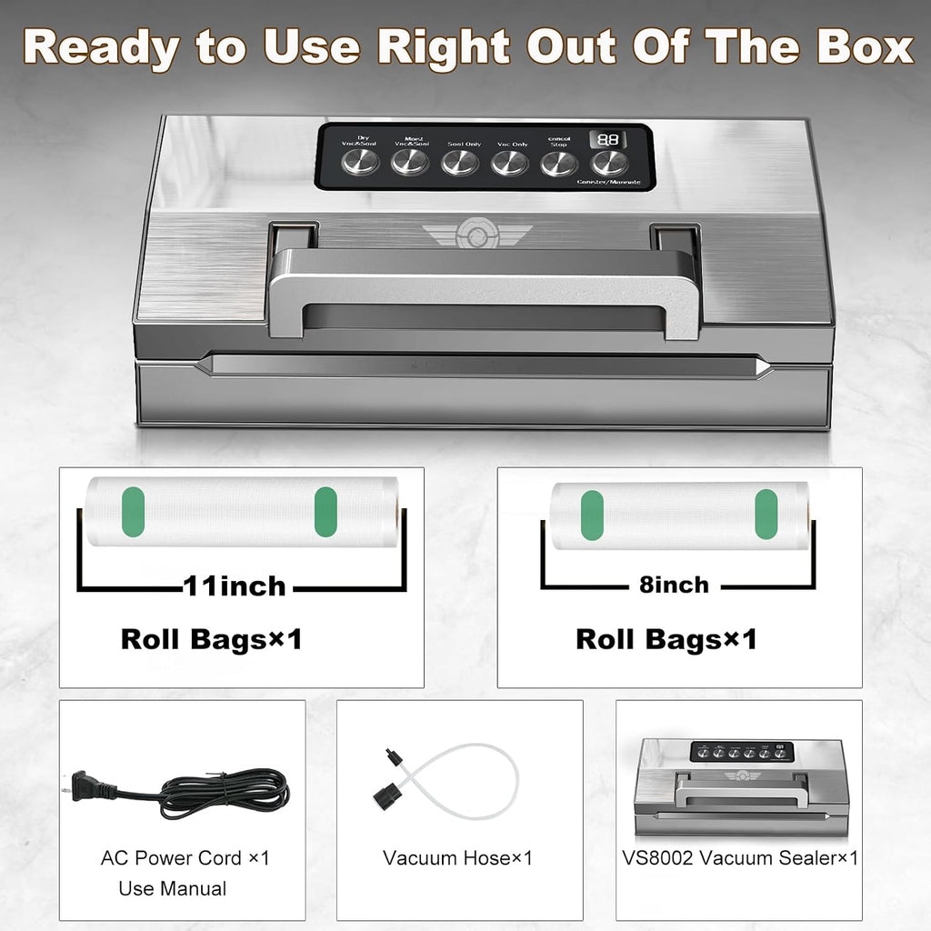Precision Food Vacuum Sealer Machine, POWOT Fully Automatic Vacuum Sealing System, Commercial Food Vacuum Saver Pro, Double Heat Seal, Easy-Lock Handle, Built-in Cutter&Bag Storage, Hose&Bag Rolls