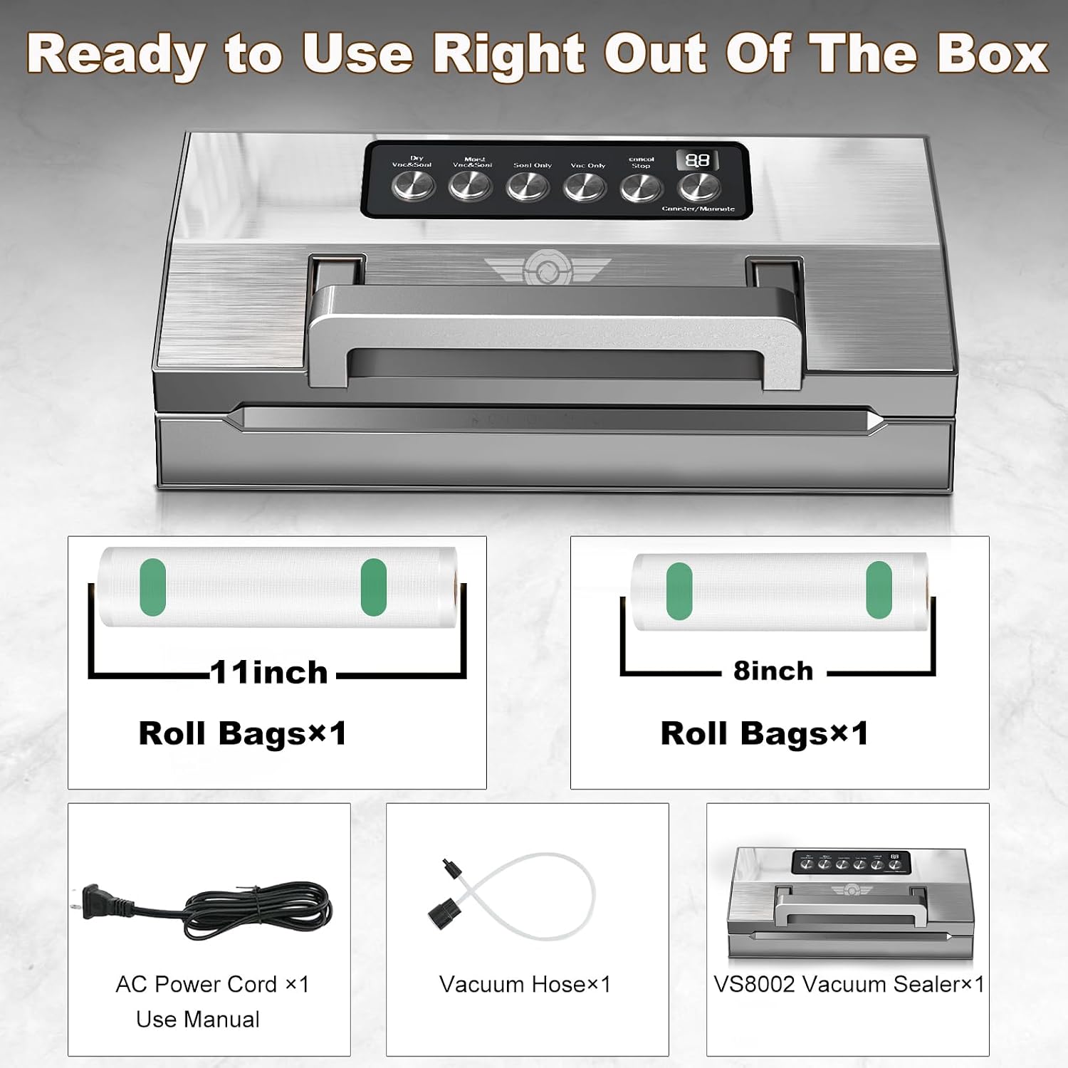 Precision Food Vacuum Sealer Machine, POWOT Fully Automatic Vacuum Sealing System, Commercial Food Vacuum Saver Pro, Double Heat Seal, Easy-Lock Handle, Built-in Cutter&Bag Storage, Hose&Bag Rolls