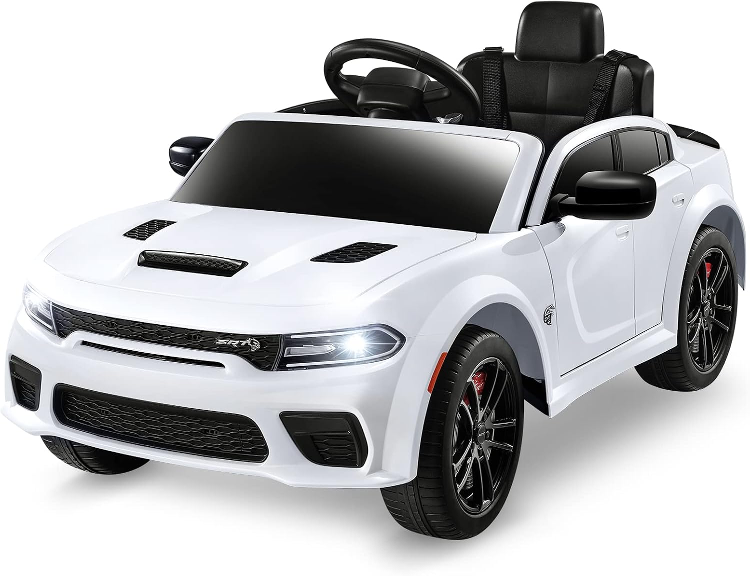 ENYOPRO 12V 7Ah Kids Electric Ride on Car, Licensed Dodge Charger SRT Hellcat, Battery Powered 4-Wheels Toy Car Electric Vehicle for Kids with Remote Control, 3 Speeds, LED Lights, Music (White)