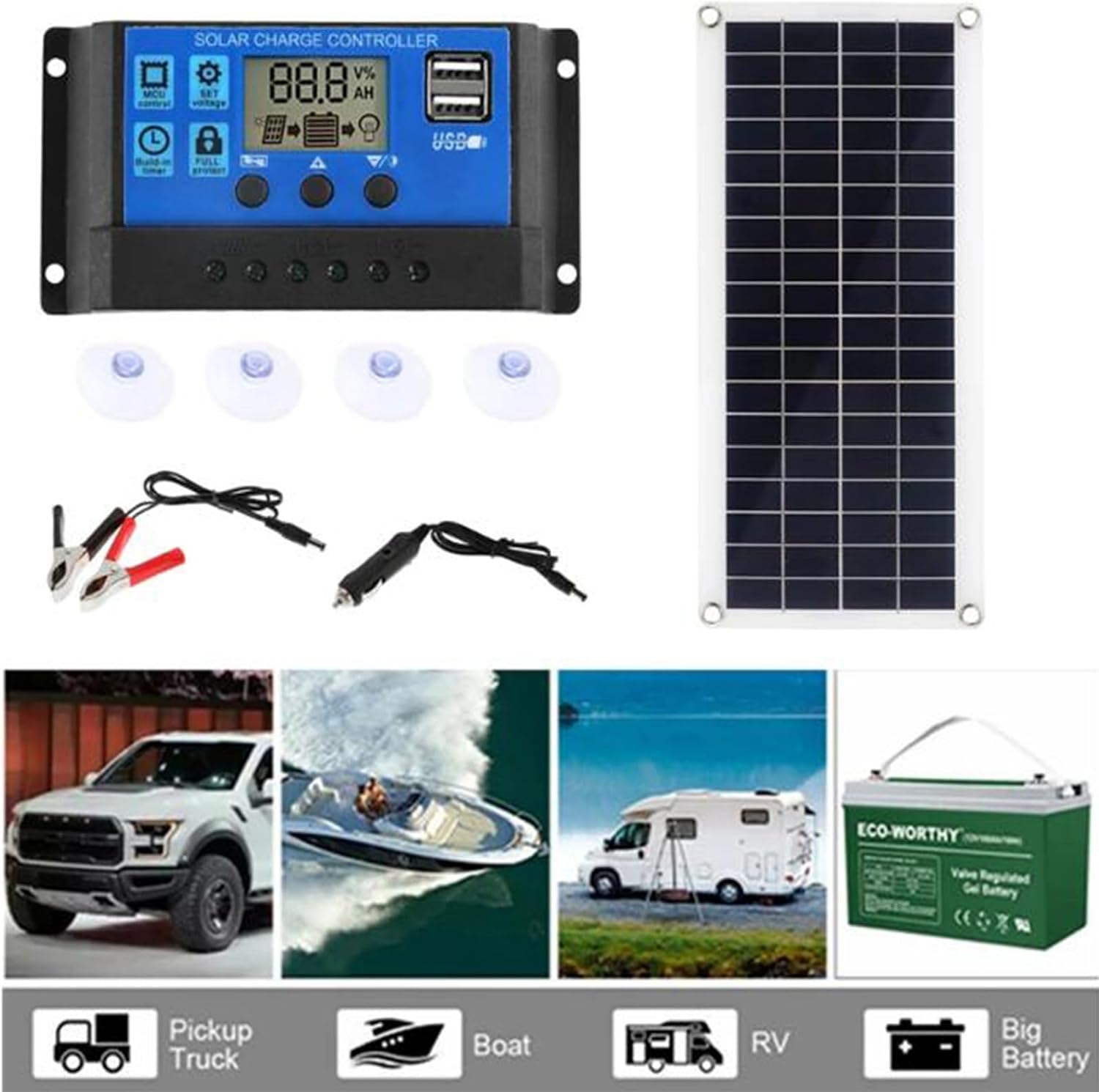 2PC 300W Solar Panel Kit 12V Polycrystalline USB Power Portable Outdoor Rechargeable Solar Cell Solar Generator for Home Phone(with 60A Controller)
