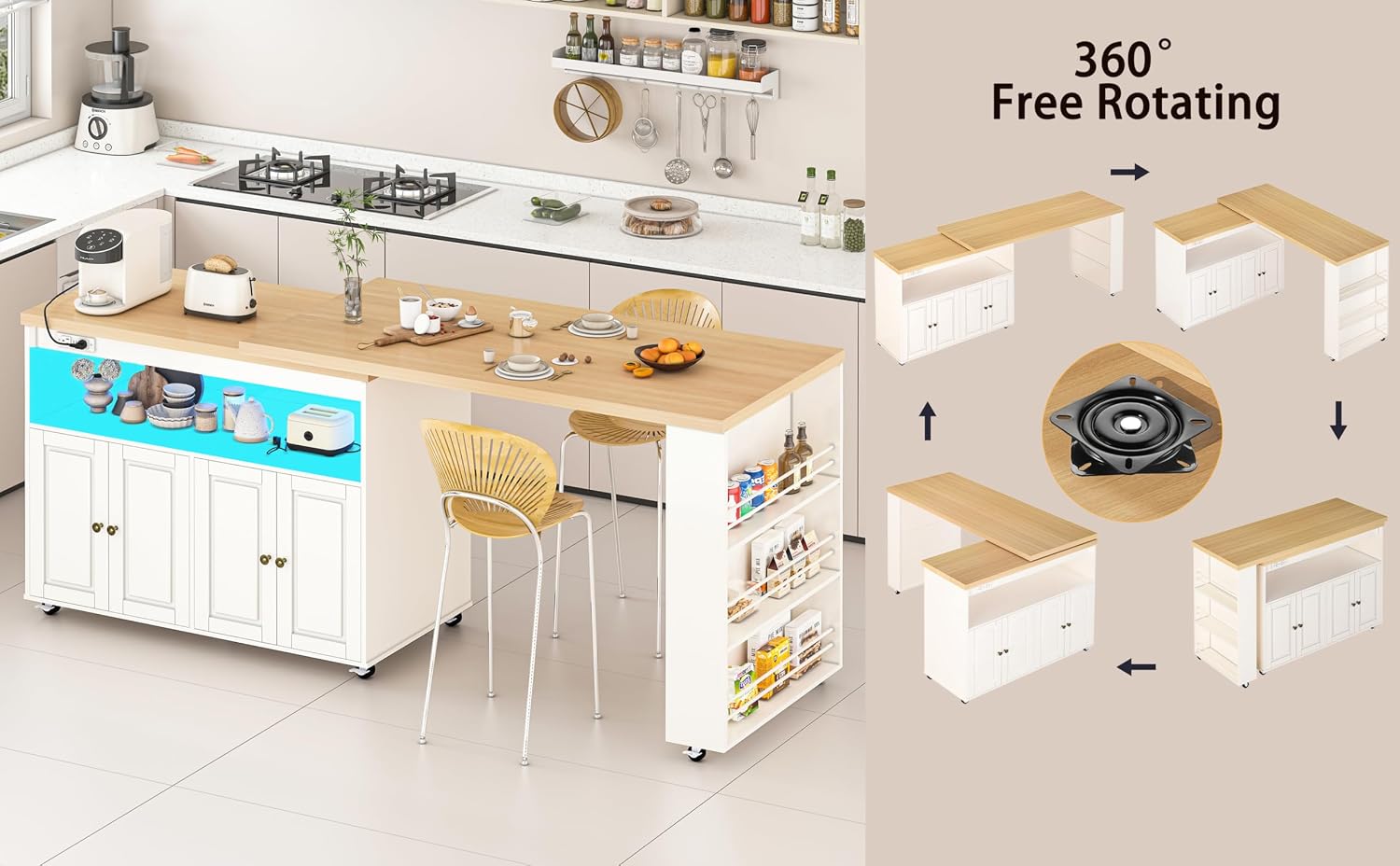 84'' Rolling Kitchen Island with Swivel Table, Kitchen Cart with LED Lights, Power Outlet, Movable Storage Cabinet with Side Tabletop on Wheels, for Kitchen, Living Room, Home Bar, White
