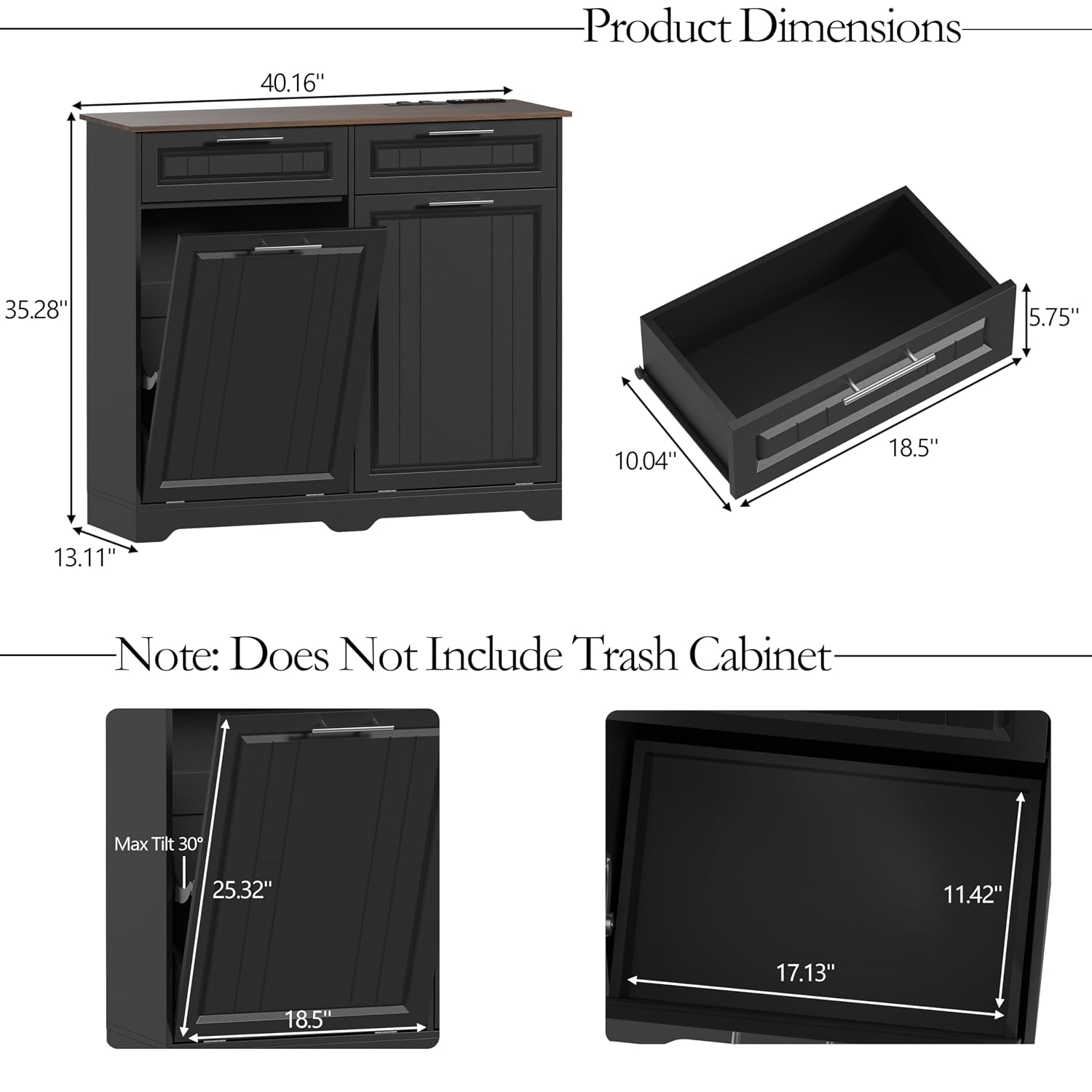 2 x 10 Gallon Double Tilt Out Trash Can Cabinet with Deodorizing Function & Charging Station, Hidden Laundry Hamper Cabinet with Storage Drawers, Garbage Can Holder for Kitchen, Bathroom, Black