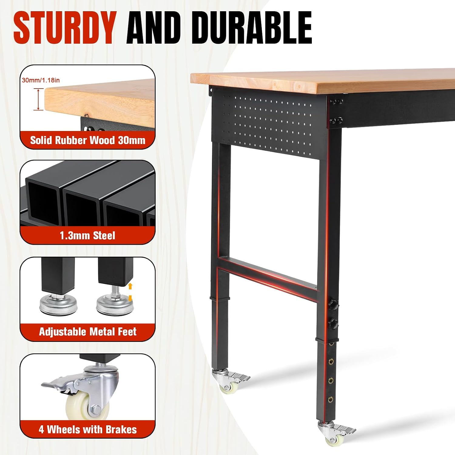 48' L×24'W Adjustable Workbench with Wheels, 28'-40'Height Heavy Duty Table 2000 LBS Load Capacity, Work Bench with Power Outlet & Pegboard, Rubber Wood Work Table for Garage, Office, Workshop