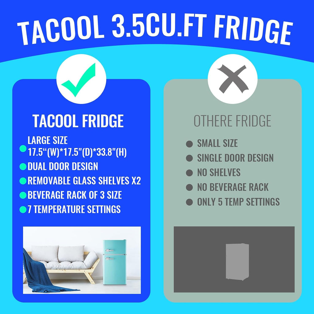 Small Refrigerator with Freezer Double Door Mini Fridge Adjustable Glass Shelves, Detachable Handle,7 Level Temperature Control Fridge for Dorm, Office, Apartment Blue