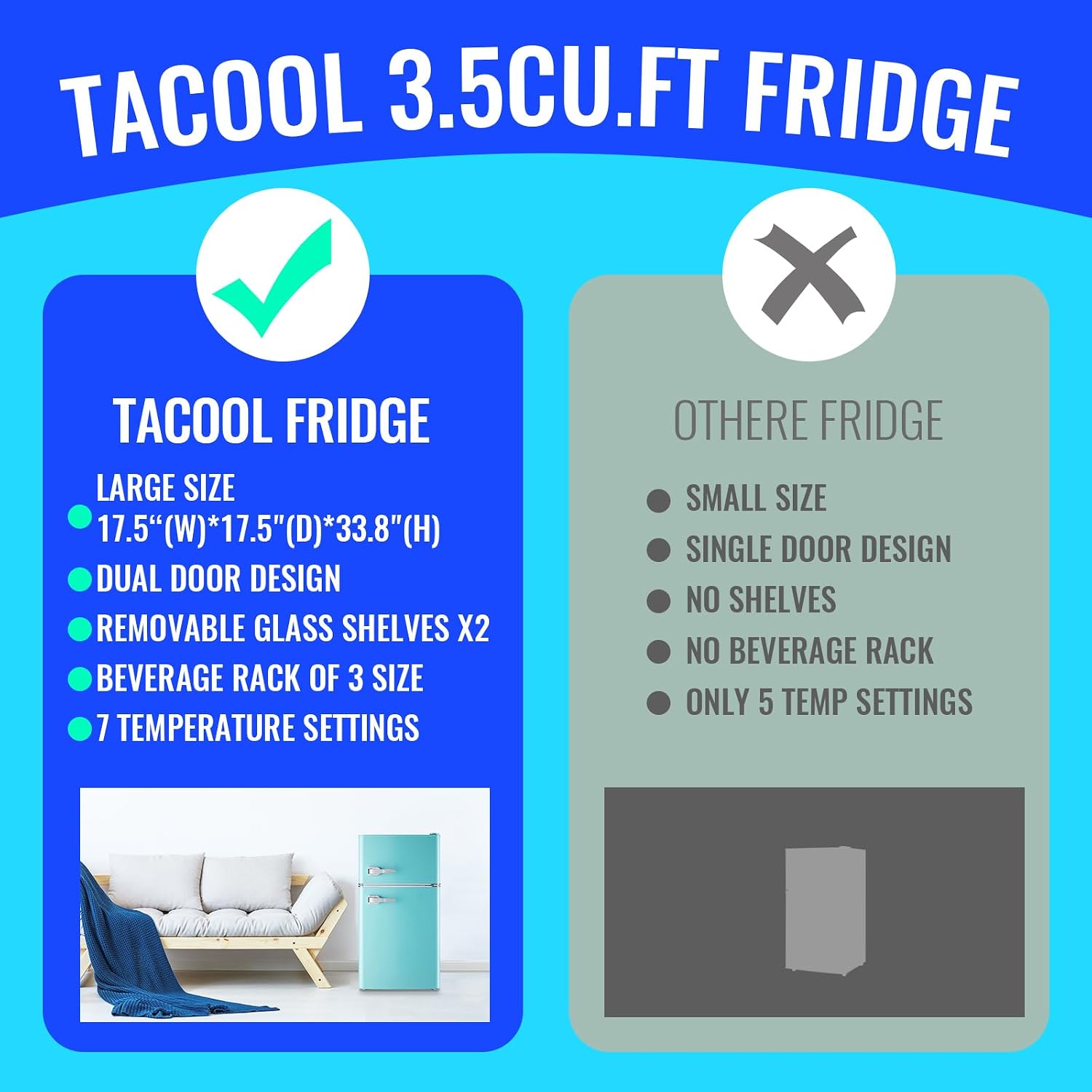 Small Refrigerator with Freezer Double Door Mini Fridge Adjustable Glass Shelves, Detachable Handle,7 Level Temperature Control Fridge for Dorm, Office, Apartment Blue