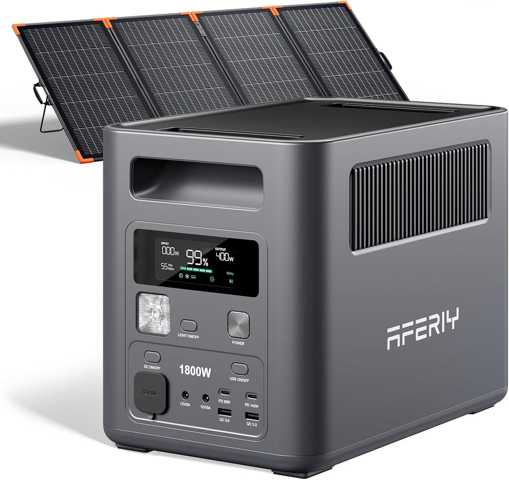 AFERIY Solar Generator with 400W Bifacial Solar Panel, 1024Wh LiFePO4 Solar Generator Kit, <10ms UPS Backup,1800W AC Output, Turbo Solar Input, Recharge in 1.2H for Home, RV, Off-Grid