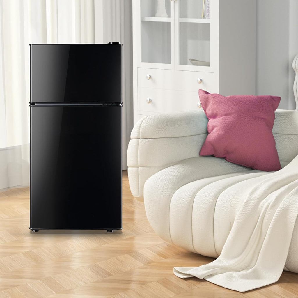 DEMULLER Retro Mini Fridge with Freezer Dual Door Apartment Size Small Refrigerator with Egg Tray, Dorm Compact Fridge with Removable Plastic Shelves, 2.4Cu.ft, 14.96' D x 14.57' W x 30.8' H, Black
