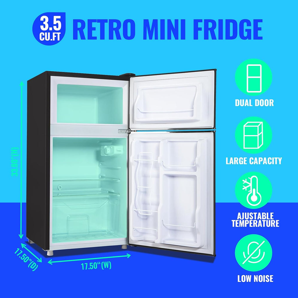 Mini Refrigerator with Freezer Small Fridge Double Door Side Drink Holder Adjustable Glass Shelves, Plastic Crisper, 7 Level Temperature Control for Bedroom, Office, Apartment Black