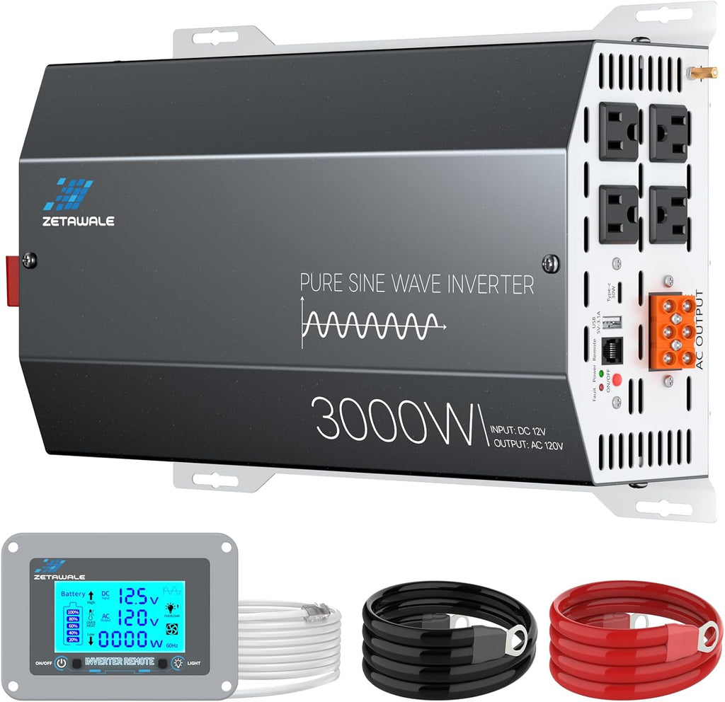 3000 Watts Pure Sine Wave Inverter 12V DC to 110V/120V AC Converter, 6000W Peak, LCD Remote Control, 4 AC Outlets, USB & Type-C – for RV, Truck, Off-Grid Solar System, Emergency Power