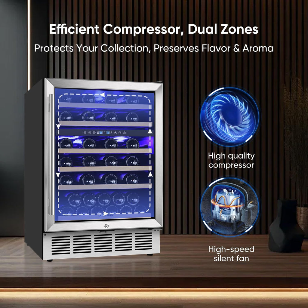 ORYMUSE 24 Inch Wine Cooler Refrigerator, 46 Bottle Dual Zone Wine Fridge with Stainless Steel Glass Door, Adjustable Shelves, Upgraded Compressor, Built-In Freestanding for Home, Bar, Kitchen