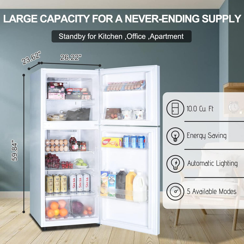 10.0 CU' Refrigerator with Freezer, Apartment Size Refrigerator Top Freezer, 2 Door Fridge with Adjustable Thermostat Control, Freestanding, Door Swing, White (FR 1002 WH)