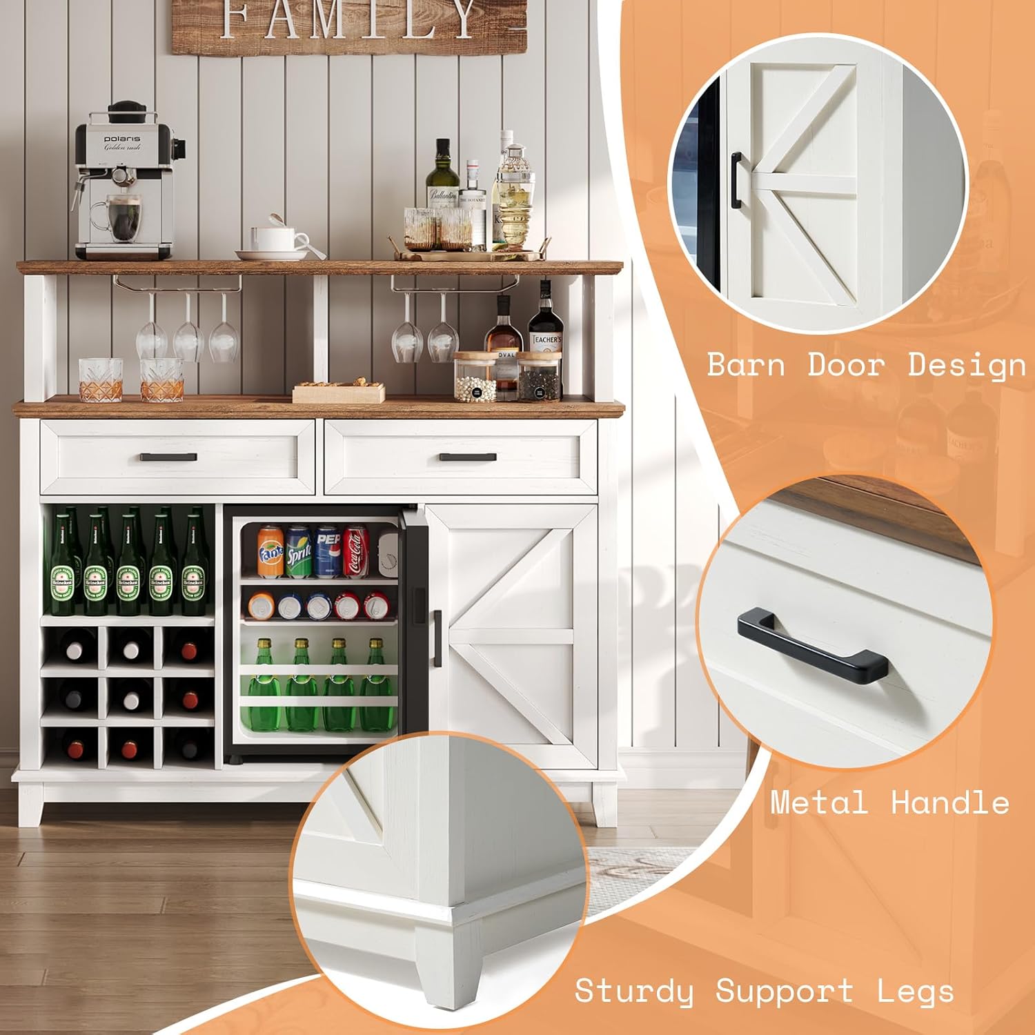 AMERLIFE 47' Farmhouse Coffee Bar Cabinet with 15' Refrigerator & Wine Rack & Glass Holder, Wine Cabinet with Storage Drawers & Open Shelves, Sideboard Buffet Cabinet for Dinging Room, Living Room