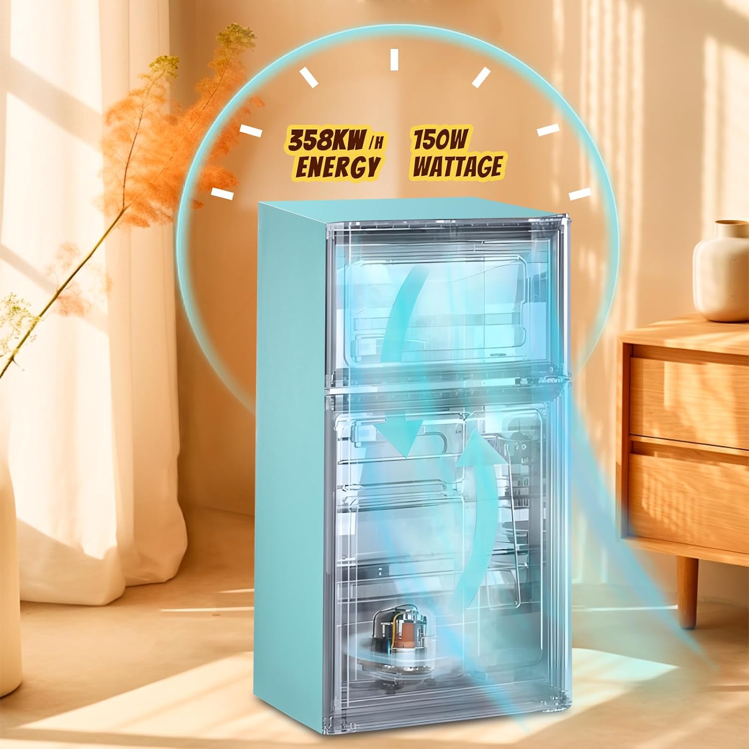 Small Fridge with Freezer Mini Refrigerator Double door Removable Glass Shelves 7 Temp Gear Detachable Handle Blue