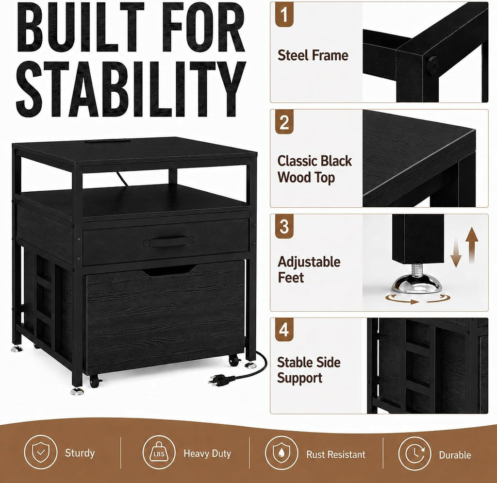 Mini Fridge Stand with Storage Drawer for Dorm Room, 220 lb Heavy Duty Refrigerator Stand with Power Outlet and Pull-Out Basket, Small Fridge Table for Apartment, office, Kitchen, Black