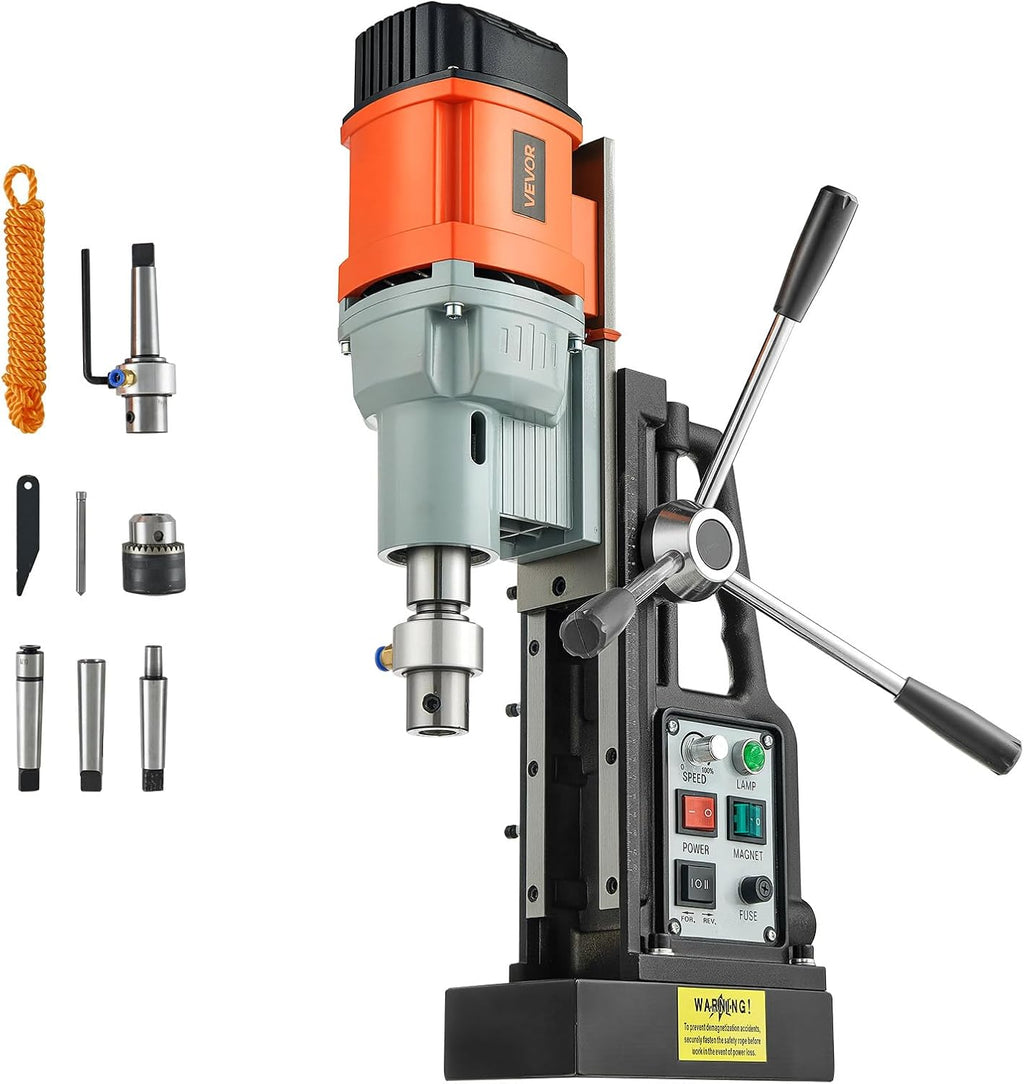 VEVOR Magnetic Drill Press, 1550 W, 2.4 in Boring Diameter, 2922 lbf Power Mag Drill Press, 0-600 RPM Adjustable Speed, Morse Taper, M3-M16 Tapping, for Metal Surface, Industrial and Home Improvement