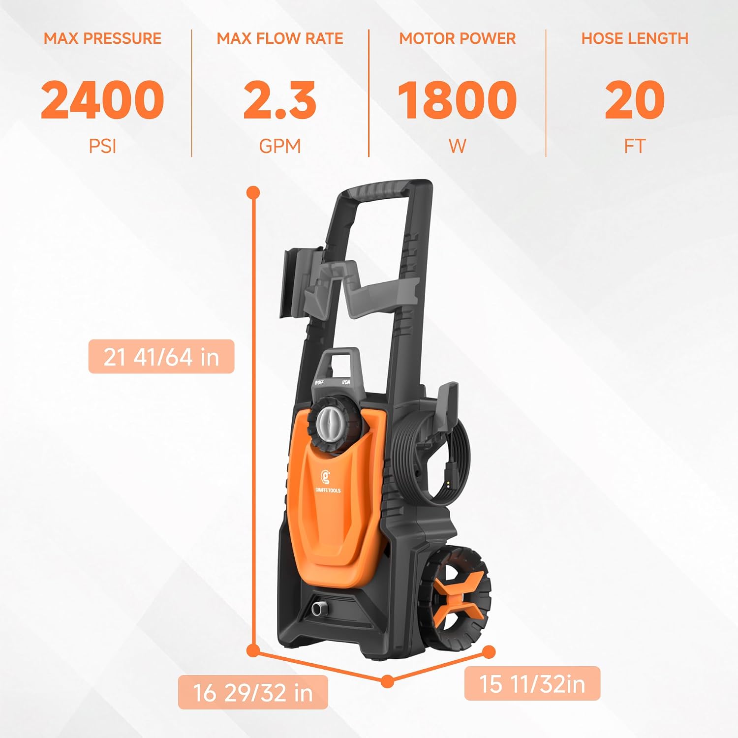 Giraffe Tools Pressure Washer, Max 2400 PSI, 2.3 GPM Electric Power Washer with 4 Quick-Connect Nozzles, Foam Cannon for Cars/Patios/Driveways/Fences, 35 ft
