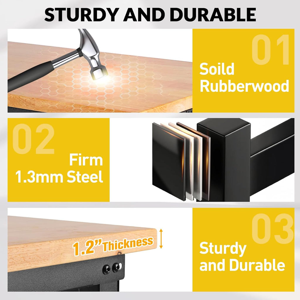 60' Heavy Duty Workbench for Garage with Drawers Rubberwood Tabletop Work Table with Pegboard, Power Outlets Adjustable Height Work Bench for Office, Home, Woodworking Shop