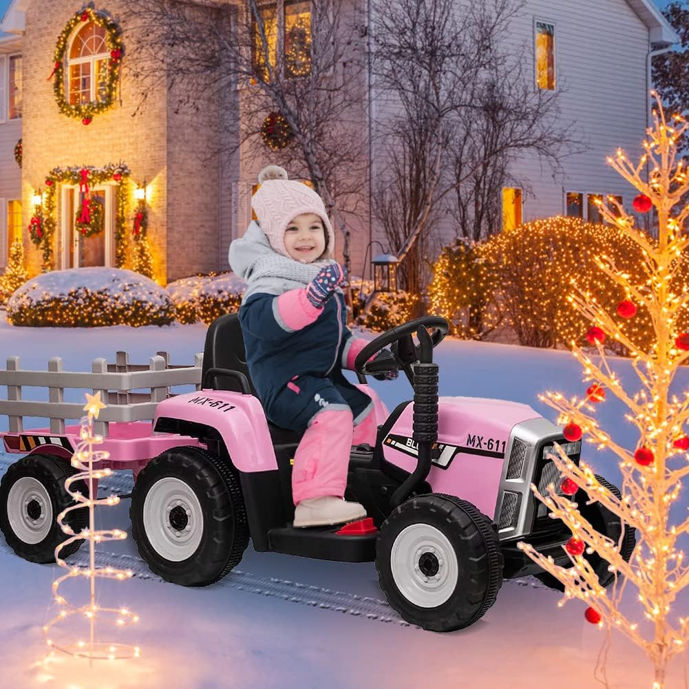 12V Kids Ride On Tractor with Trailer & Remote Control, Toddler Battery Powered Electric Vehicle, Slow Start 7LED Headlights USB Music Player 2+1 Gear Shift, Pink, 35W/ EVA Tire