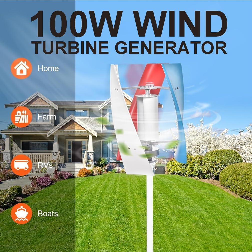Windmill Wind Turbine Generator, 100W Portable Vertical Helix Wind Power Turbine Generator with Controller, 3 Blade Wind Generator Kit for Home Energy Supplementation,White,24V