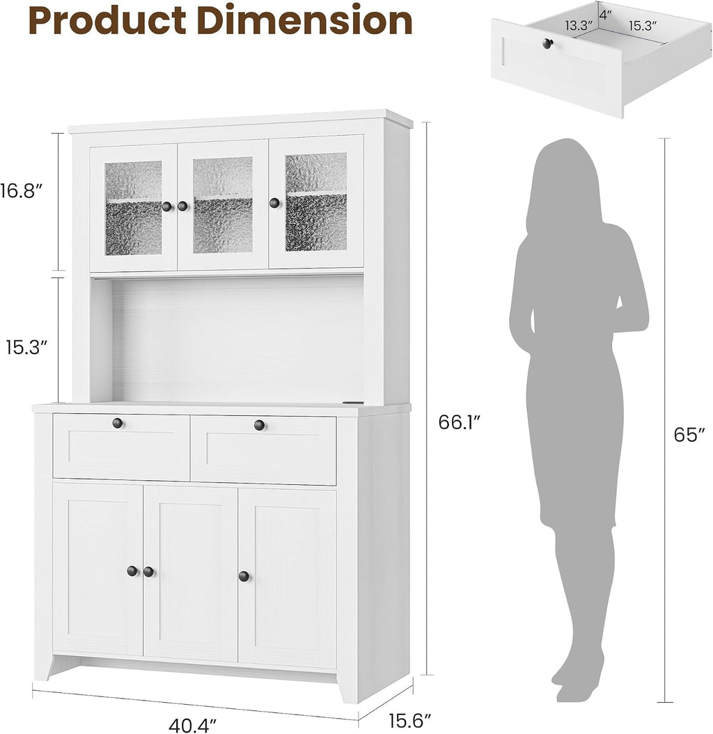 Pantry Cabinet with Charging Station, Farmhouse Kitchen Pantry Storage Cabinet with Countertop, Large Kitchen Hutch with Storage Drawers and Adjustable Shelves & Water Ripple Design for Dining Room,