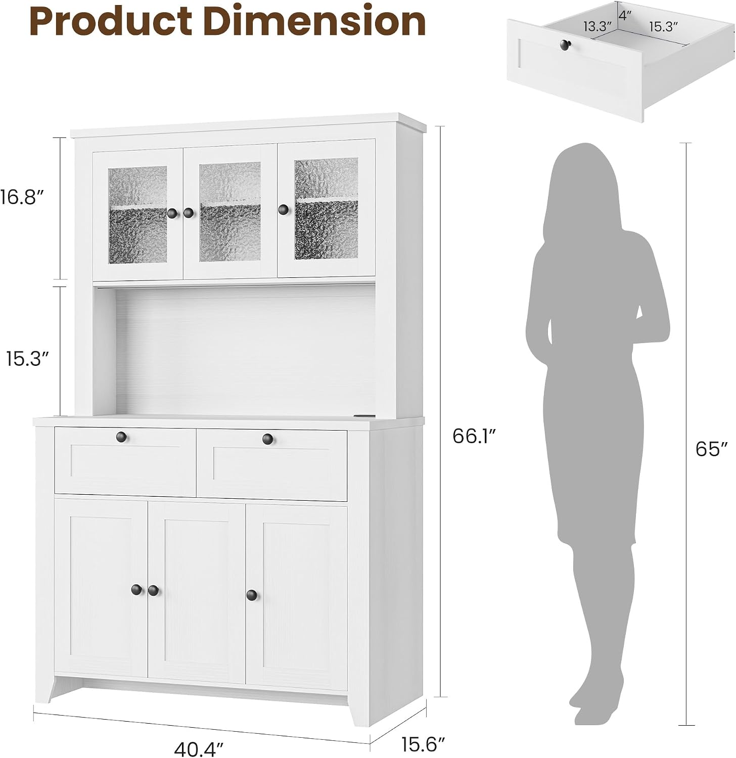 Pantry Cabinet with Charging Station, Farmhouse Kitchen Pantry Storage Cabinet with Countertop, Large Kitchen Hutch with Storage Drawers and Adjustable Shelves & Water Ripple Design for Dining Room,