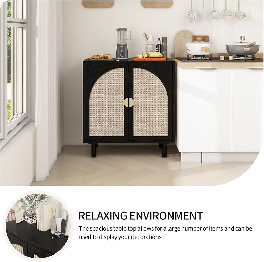 vistavie Rattan Buffet 2 Door Cabinet with Storage, Sideboard Storage Cabinet with Solid Pine Legs, Accent Wood Cabinet for Bathroom, Dining Room, Kitchen (Black)