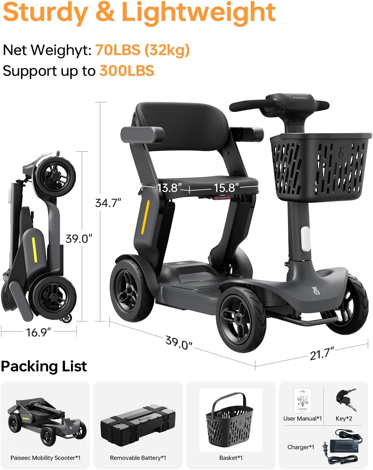 Paiseec S3 Mobility Scooter for Seniors, 25 Miles Long Lasting Mobility Scooter Foldable, Lightweight Travel Scooter for Seniors, 300 lbs Capacity, AI Speed Control, 250W Motor (Grey-25miles)