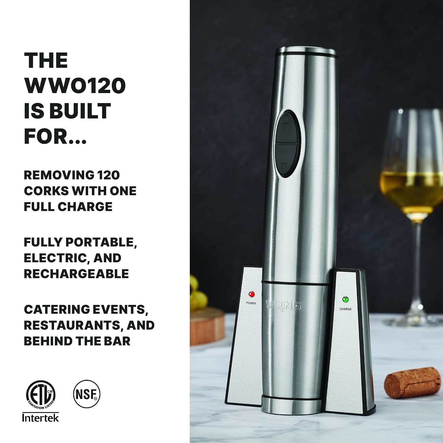 Waring Commercial Portable Electric Wine Bottle Opener, Rechargeable with Charging Base, 120 Cork Capacity, for Bars & Restaurants, WWO120