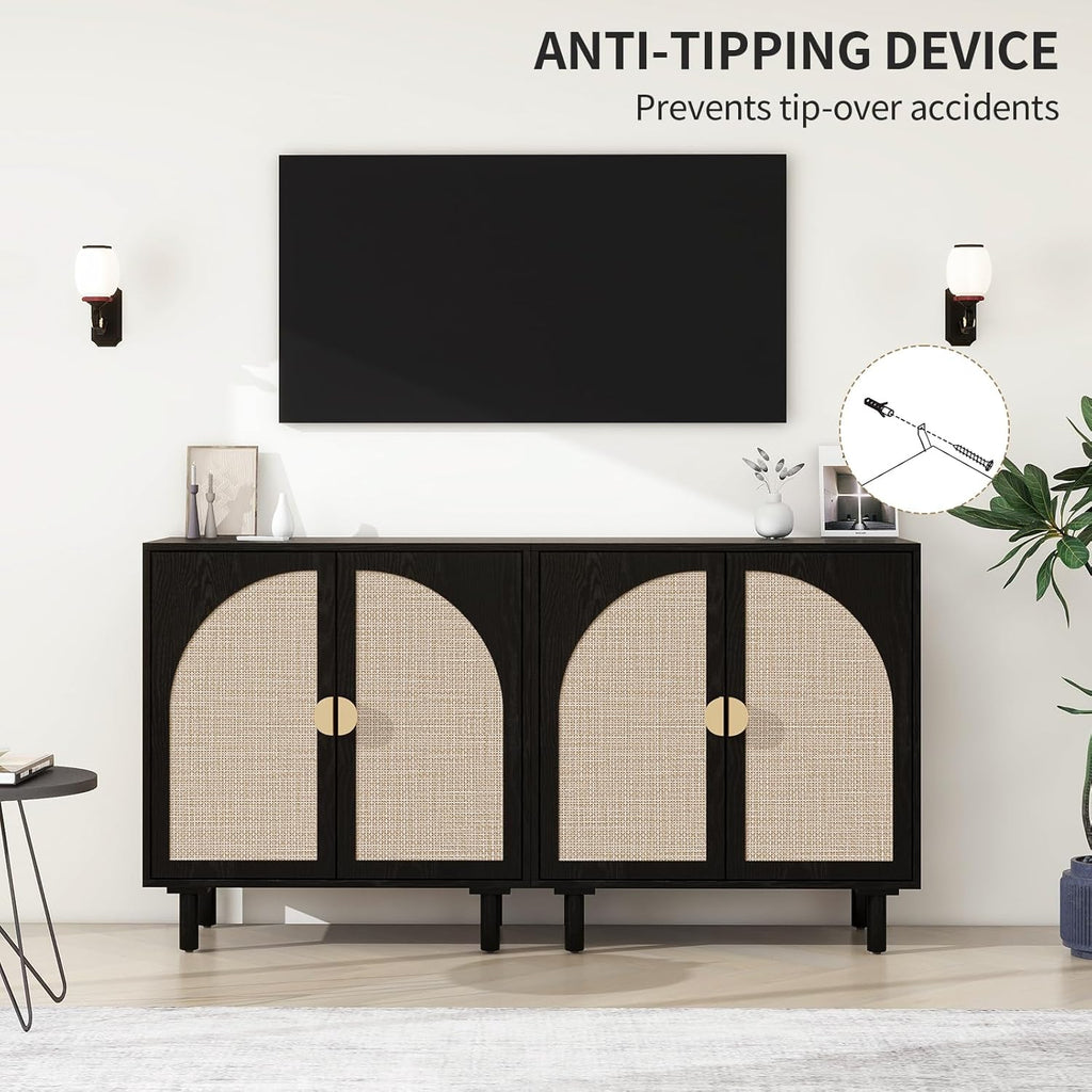 vistavie Rattan Buffet 2 Door Cabinet with Storage, Sideboard Storage Cabinet with Solid Pine Legs, Accent Wood Cabinet for Bathroom, Dining Room, Kitchen (Black)