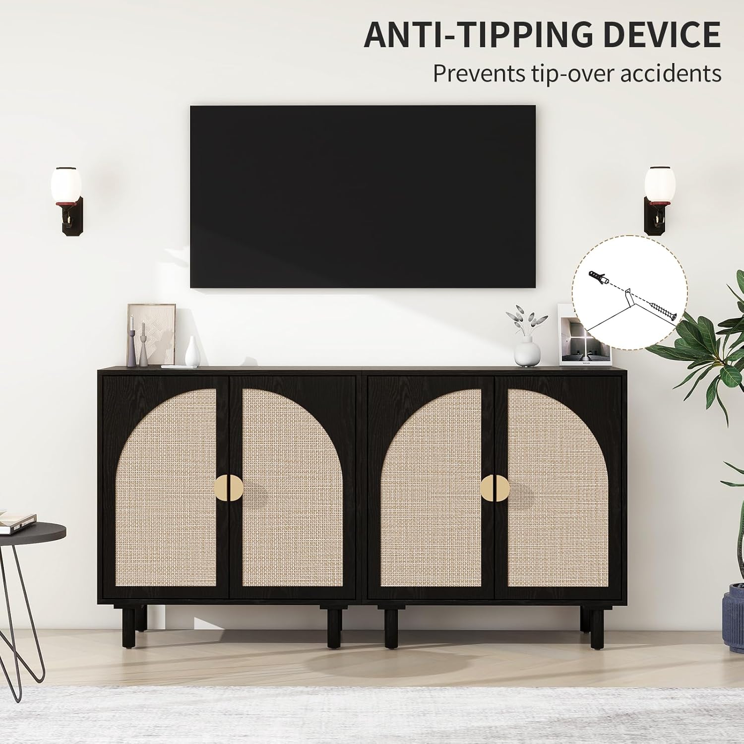 vistavie Rattan Buffet 2 Door Cabinet with Storage, Sideboard Storage Cabinet with Solid Pine Legs, Accent Wood Cabinet for Bathroom, Dining Room, Kitchen (Black)